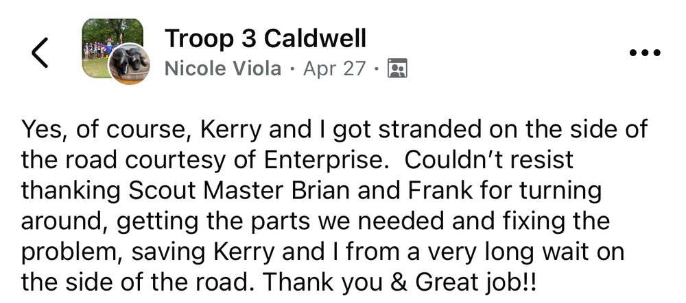 Facebook post from a troop family thanking Scoutmaster Brian for roadside help